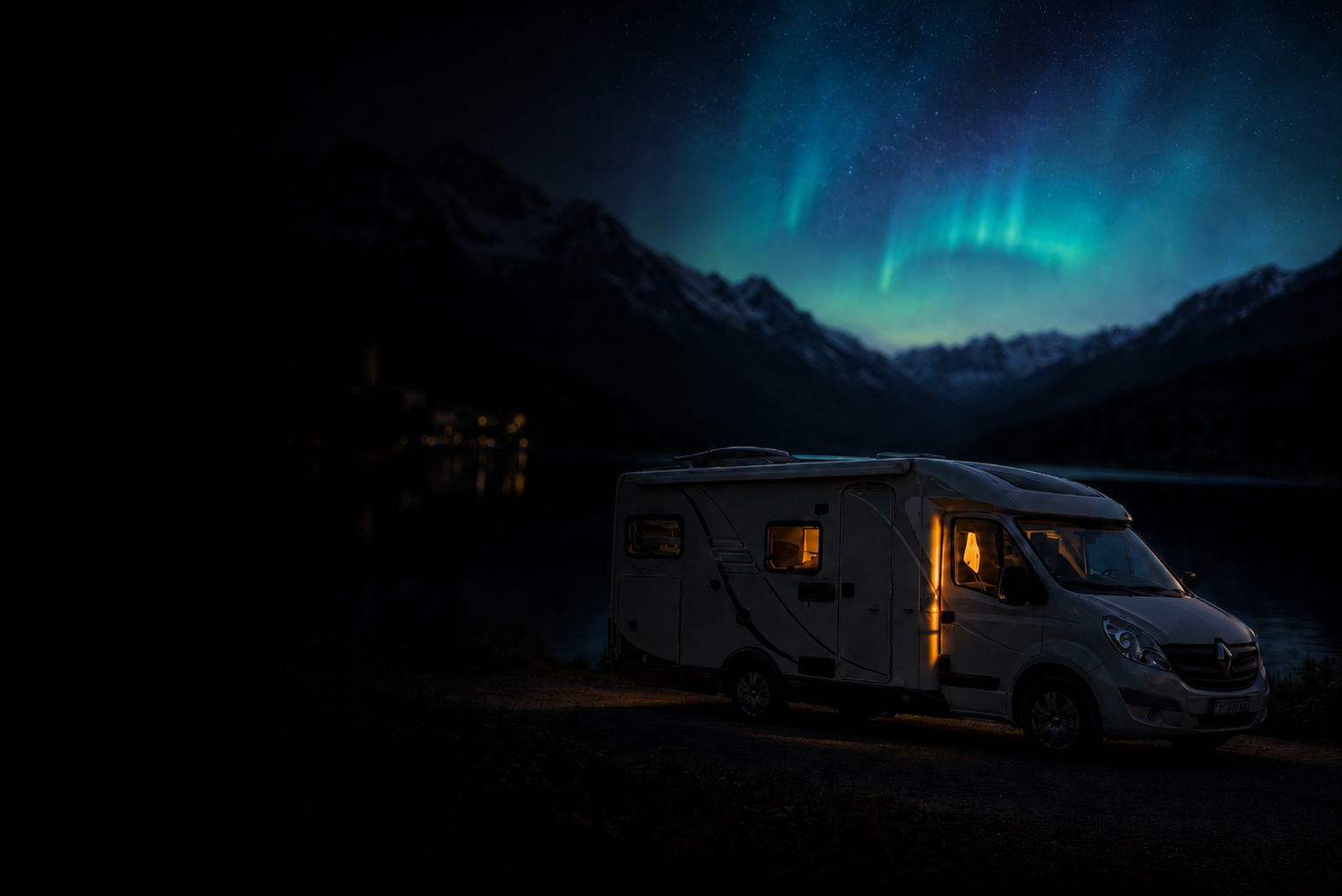 Wohnmobil bei Nacht am Bergsee