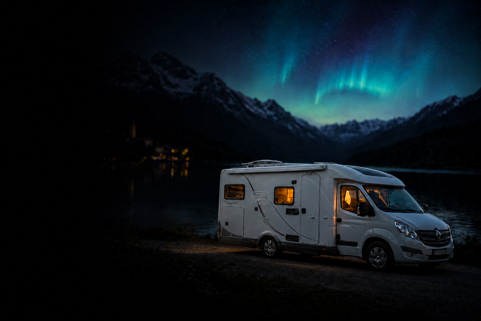 Wohnmobil bei Nacht in den Bergen