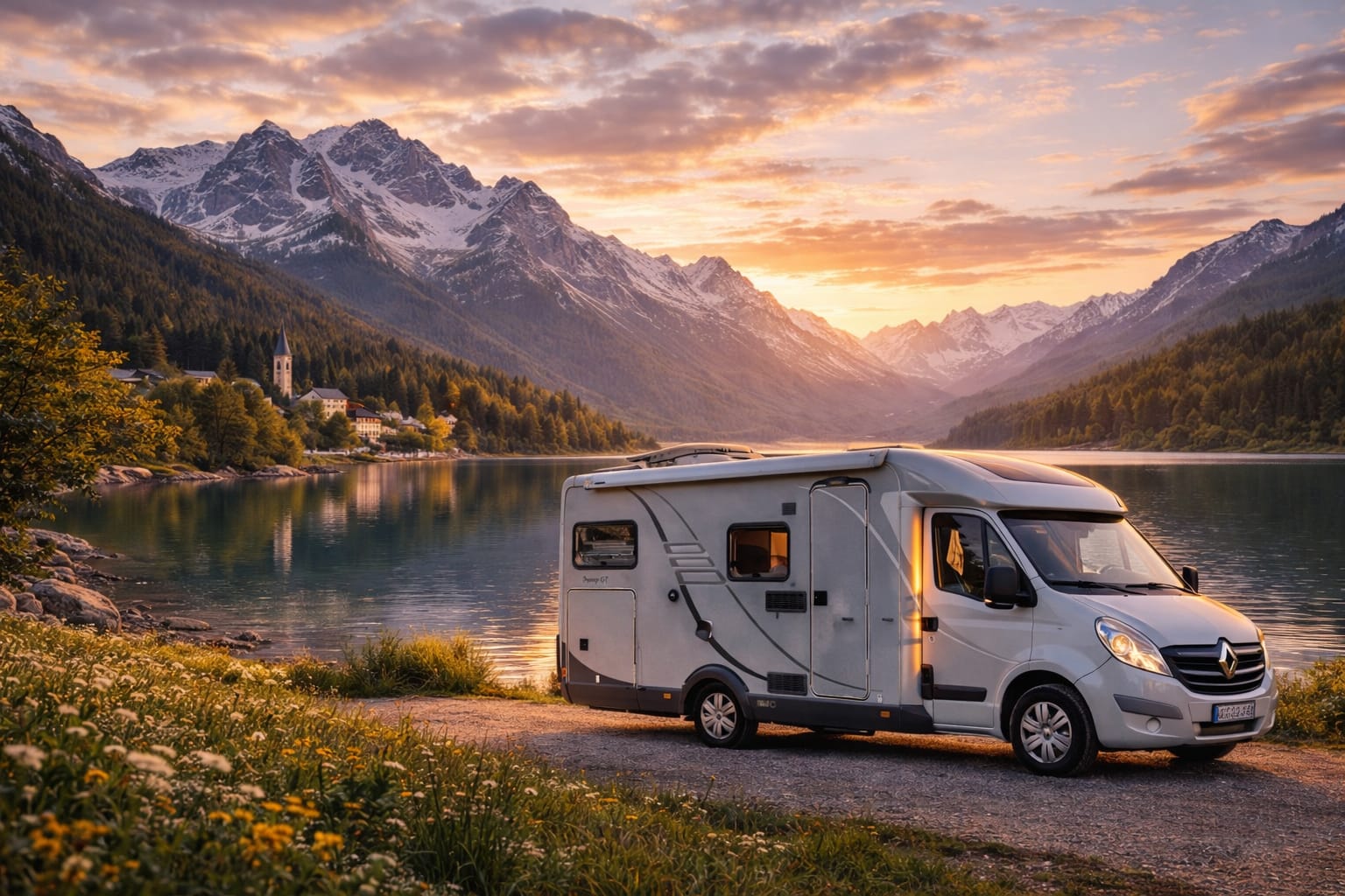 Wohnmobil am Abend an einem Bergsee